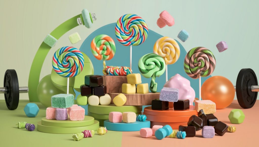 The image showcases a visually striking array of sugar-free candies, including colorful lollipops, hard candies, caramels, taffy, and dark chocolates, set against a subtle backdrop hinting at fitness and a healthy lifestyle, using fresh greens, soft blues, and warm earth tones to convey vitality and appeal to health-conscious individuals and dental professionals, promoting oral health and a guilt-free indulgence.