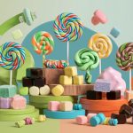 The image showcases a visually striking array of sugar-free candies, including colorful lollipops, hard candies, caramels, taffy, and dark chocolates, set against a subtle backdrop hinting at fitness and a healthy lifestyle, using fresh greens, soft blues, and warm earth tones to convey vitality and appeal to health-conscious individuals and dental professionals, promoting oral health and a guilt-free indulgence.